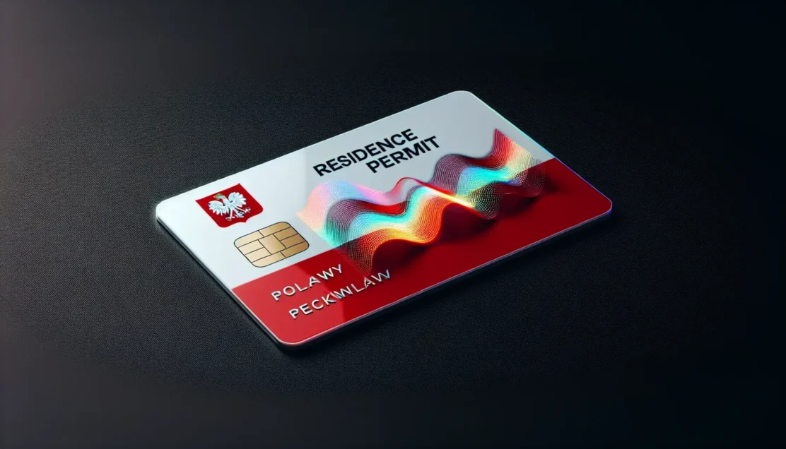 Illustration of a residence permit card with the Polish flag in the background