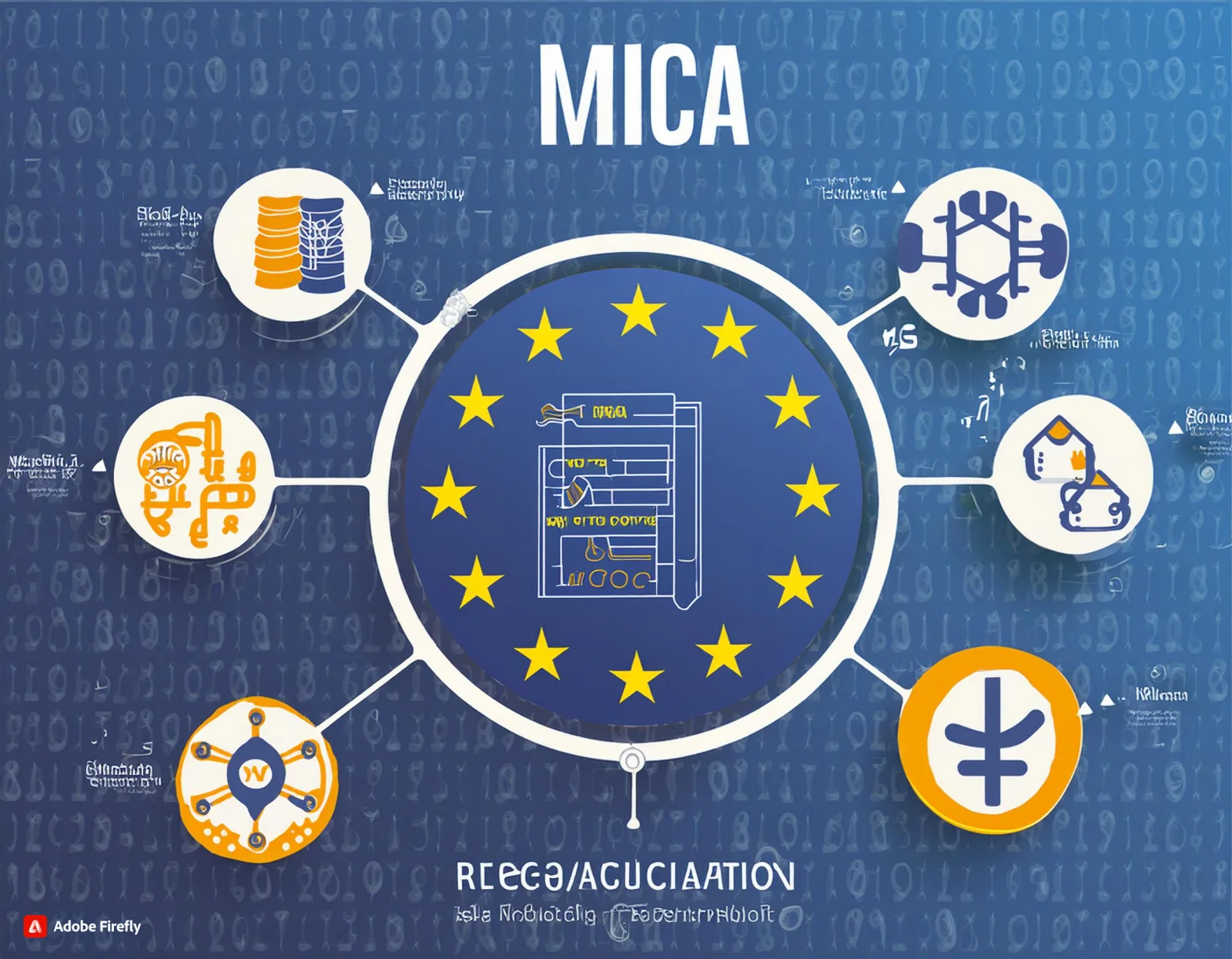 Infographic summarizing MiCA Regulation with the EU flag and cryptocurrency symbols.
