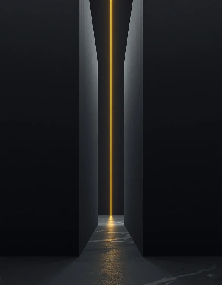 Two dark geometric slabs converging into a narrow vertical gap, with gold light in the opening.