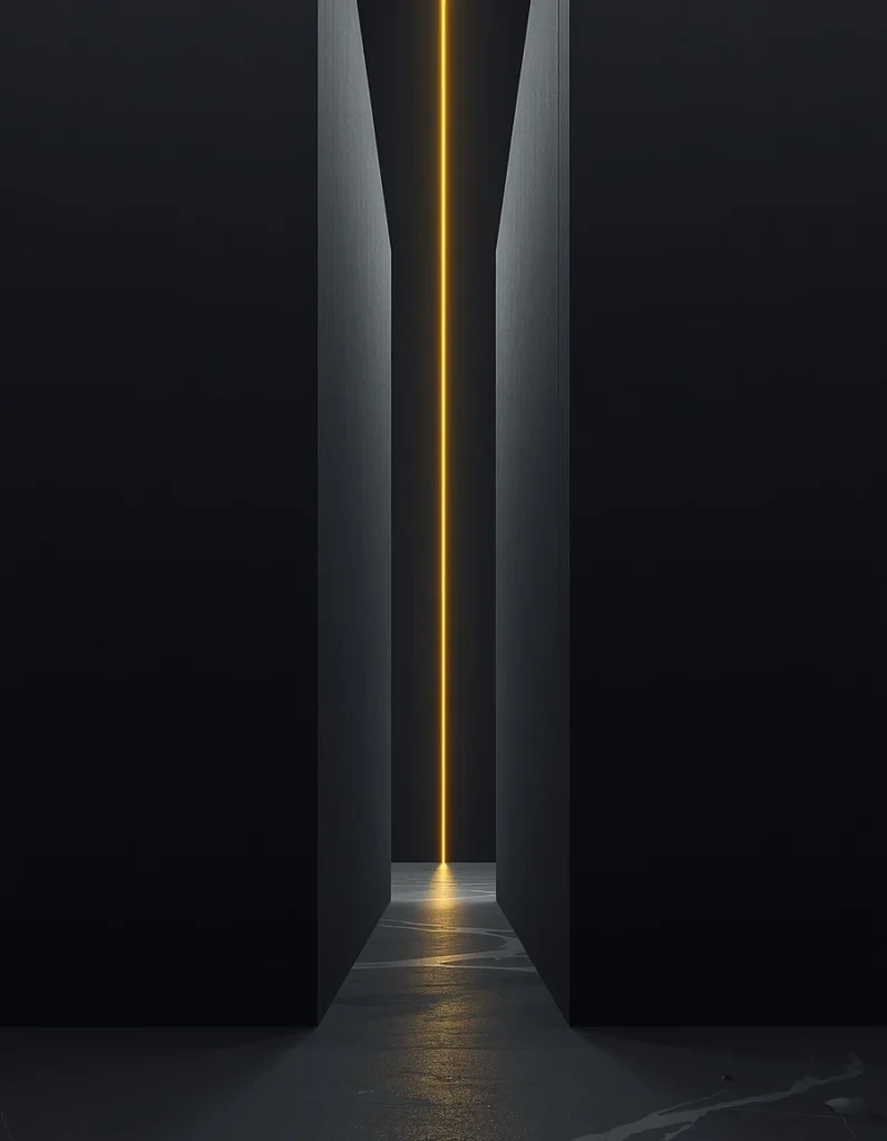 Two dark geometric slabs converging into a narrow vertical gap, with gold light in the opening.