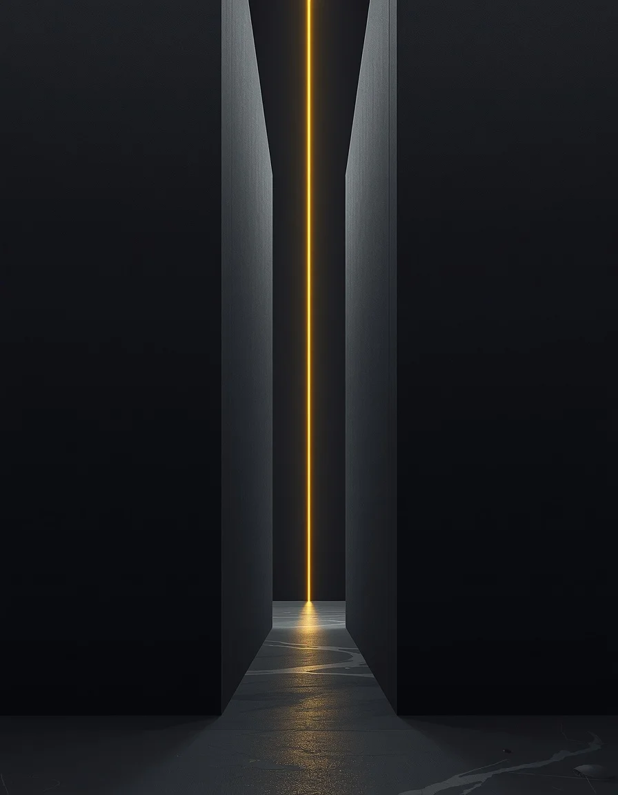 Two dark geometric slabs converging into a narrow vertical gap, with gold light in the opening.