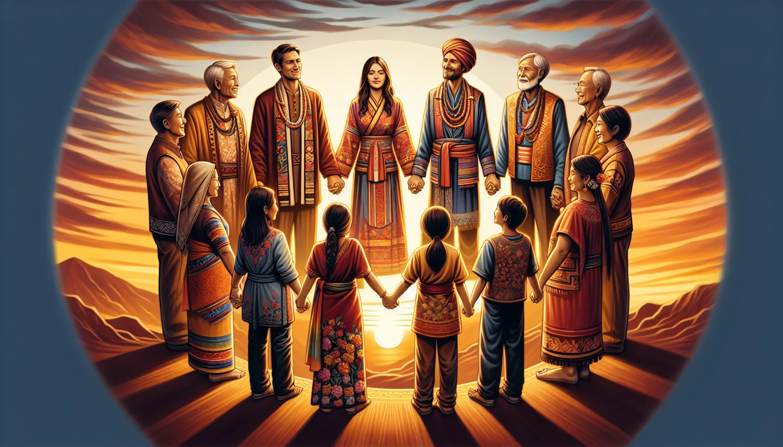 Illustration of a family with diverse nationalities holding hands