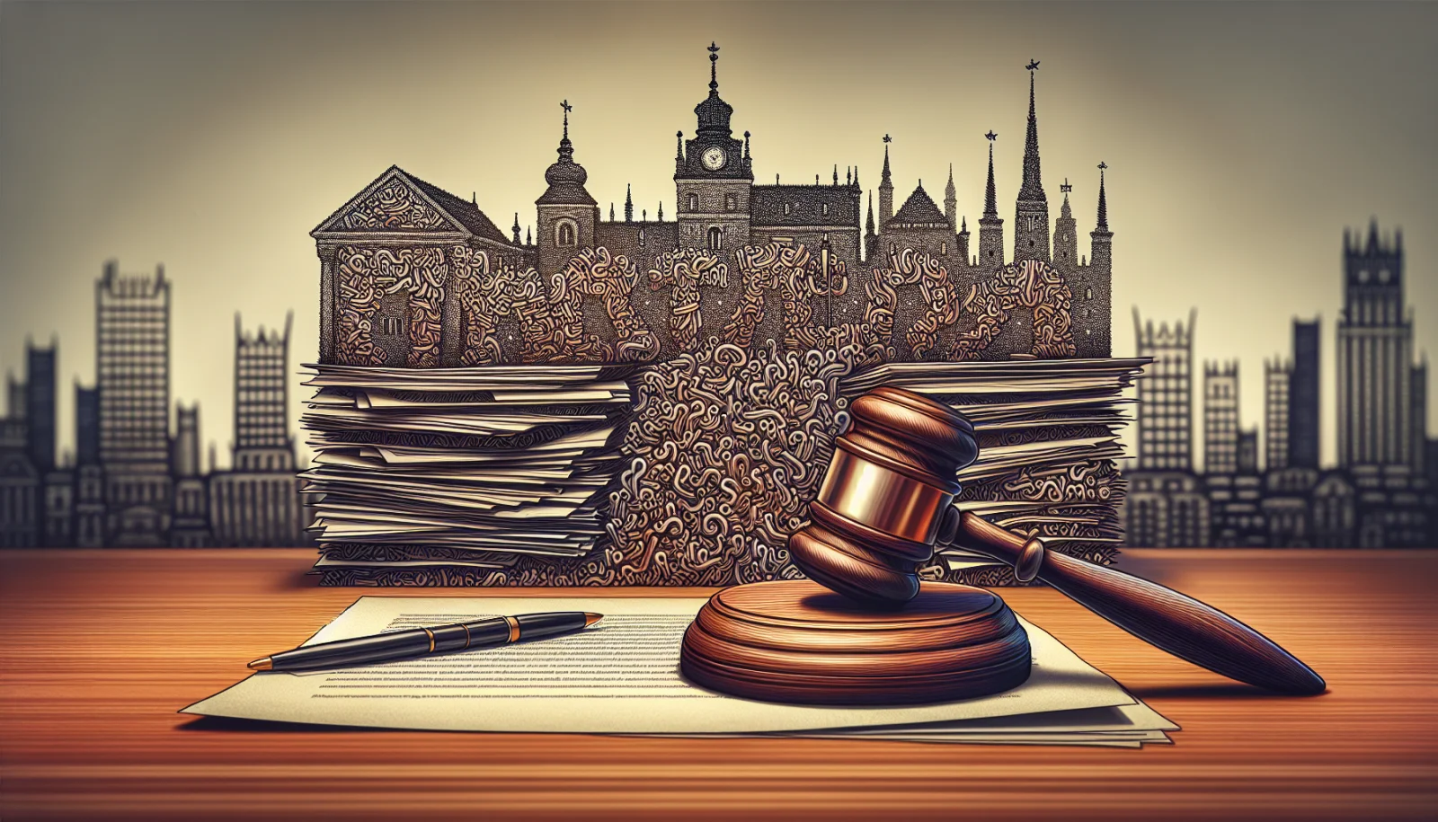 Illustration of legal documents and a gavel representing legal assistance