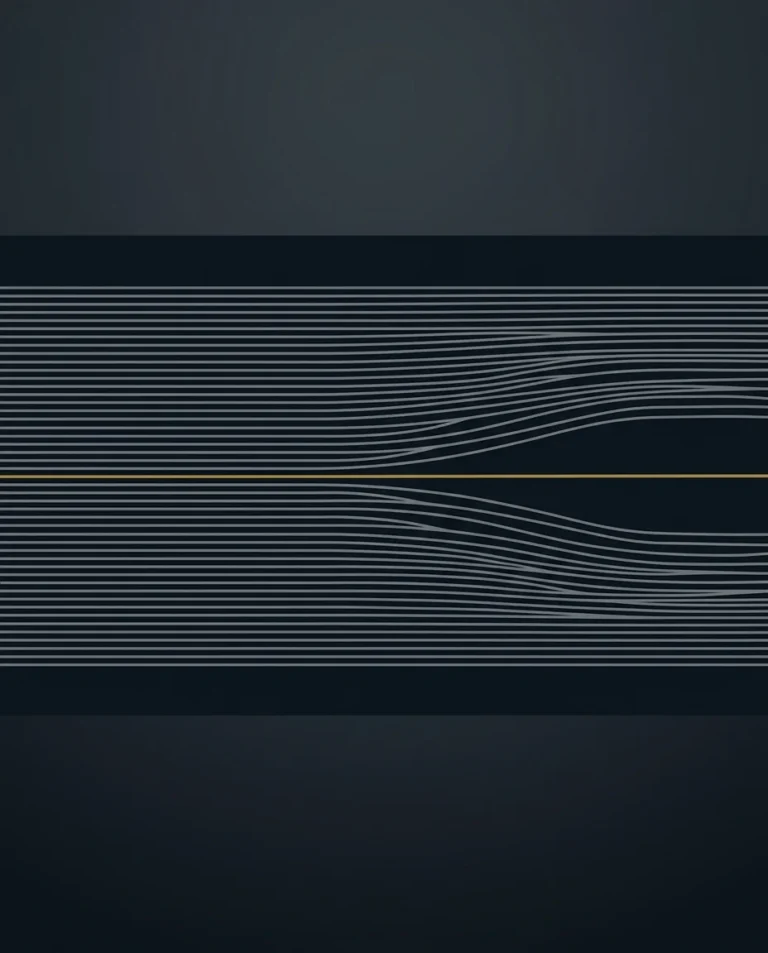 A dense field of fine grey lines flowing one way, crossed by a single gold line running against them.