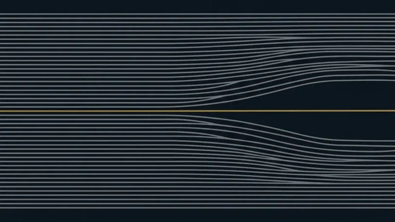 A dense field of fine grey lines flowing one way, crossed by a single gold line running against them.
