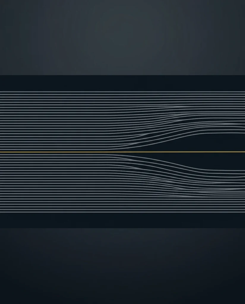 A dense field of fine grey lines flowing one way, crossed by a single gold line running against them.