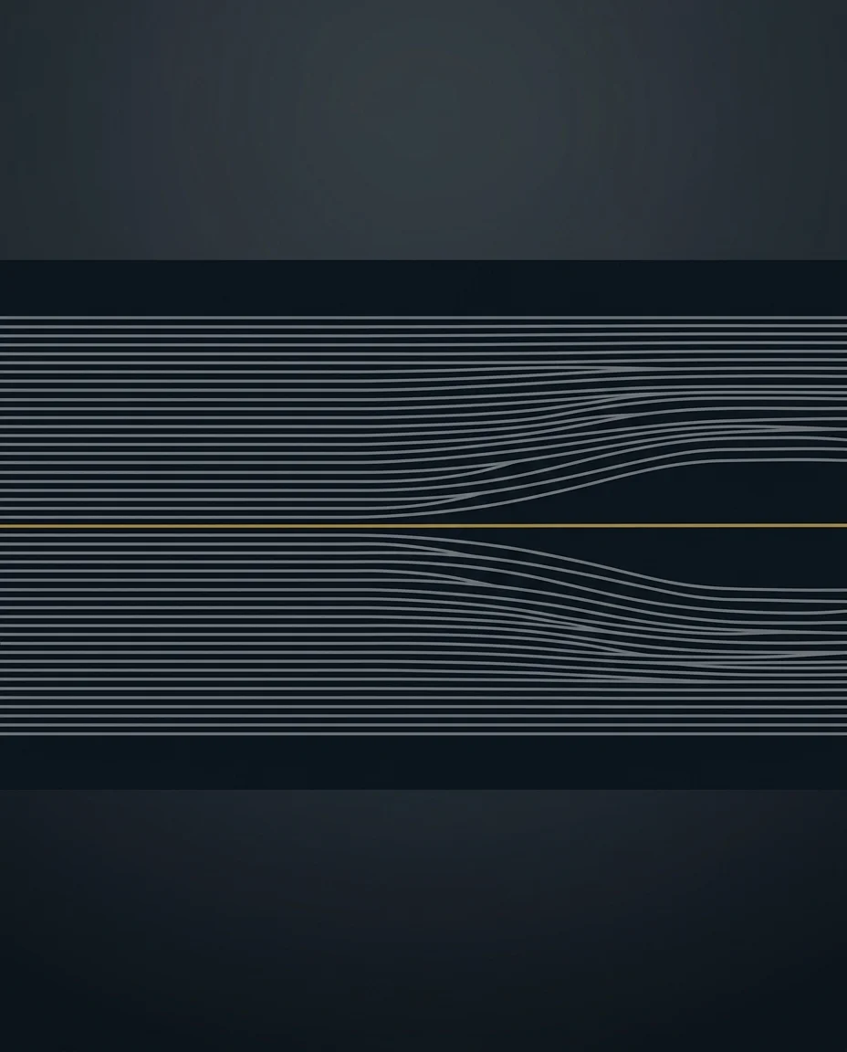 A dense field of fine grey lines flowing one way, crossed by a single gold line running against them.