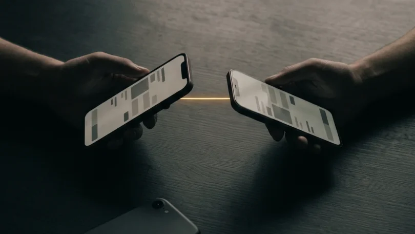 Two hands holding phones facing each other over a dark table, with a thread of gold light between them.