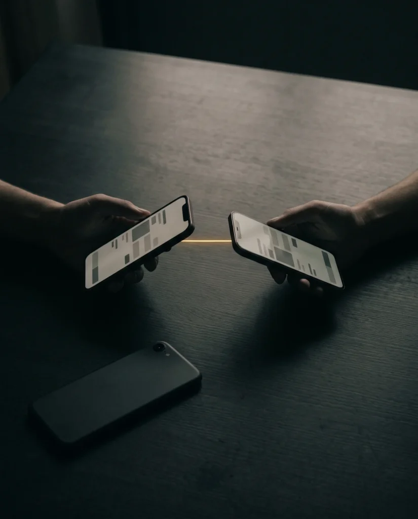 Two hands holding phones facing each other over a dark table, with a thread of gold light between them.