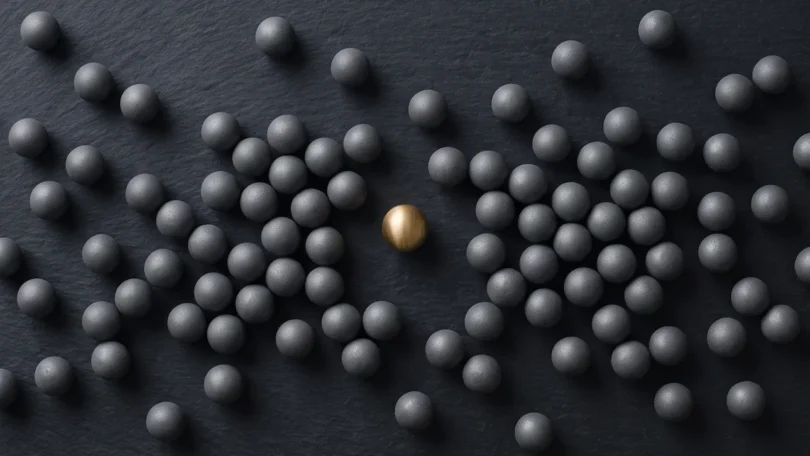 Top-down view of scattered matte grey spheres on a dark surface, one of them in brushed gold.