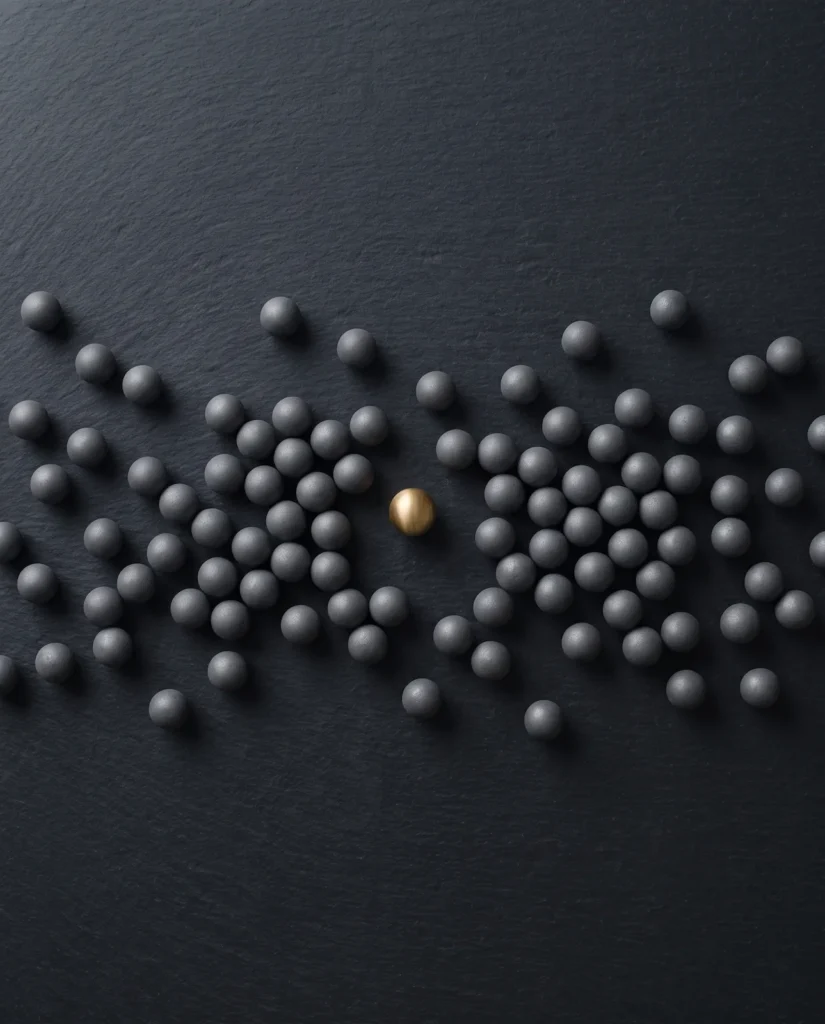 Top-down view of scattered matte grey spheres on a dark surface, one of them in brushed gold.